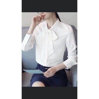 Áo Sơ Mi Cổ Nơ Trắng/ Hồng Công Sở
