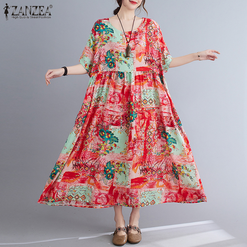 Đầm Maxi Retro ZANZEA Tay Dài In Họa Tiết Vintage Cho Nữ Mặc Thường Ngày