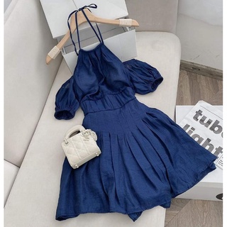 Đầm xanh đen cổ yếm DD181