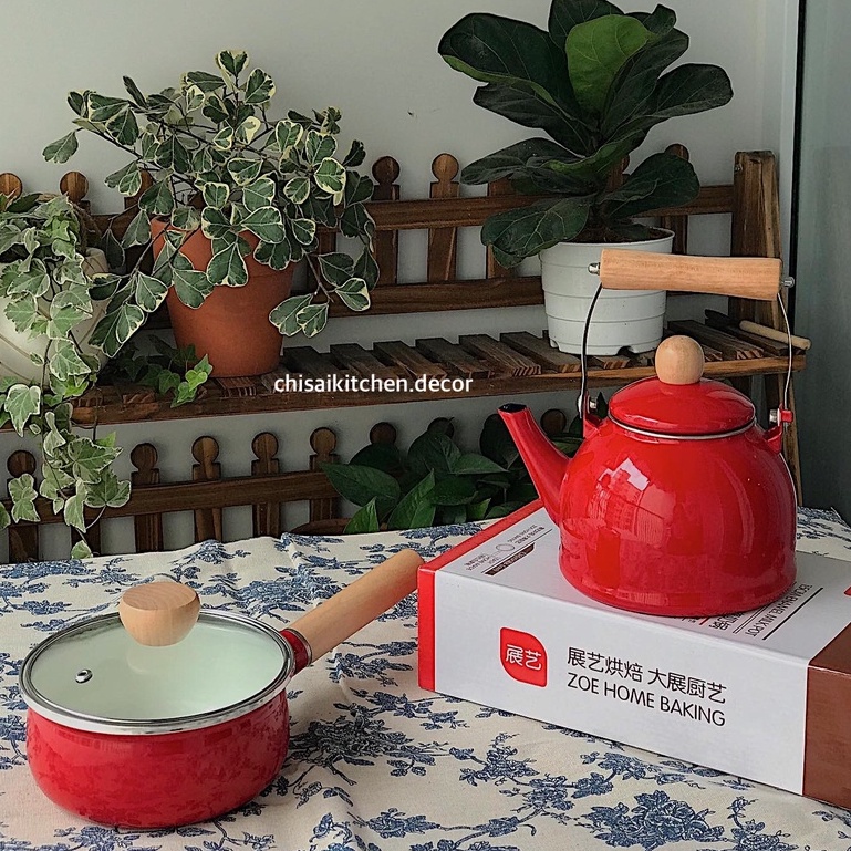 Bộ ấm đun và nồi tráng men Horo màu đỏ kiểu Nhật