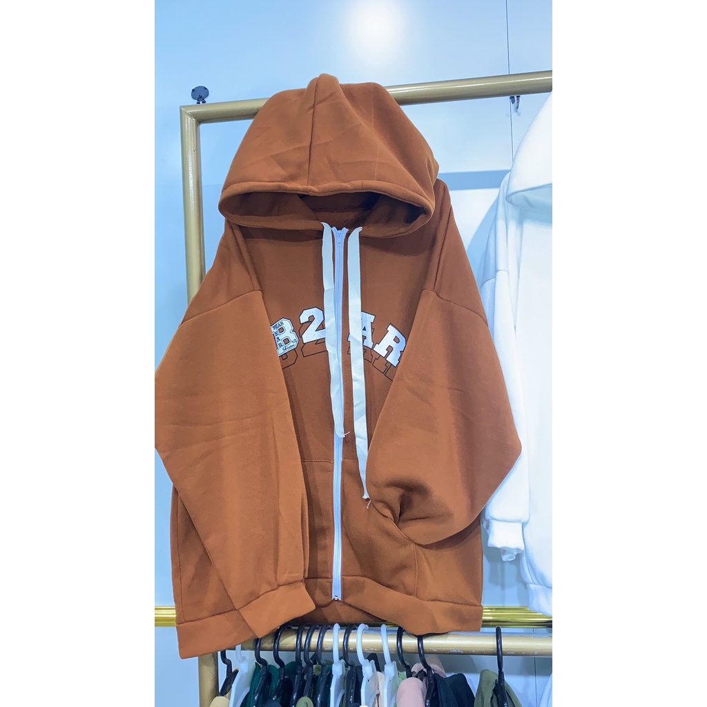 Áo khoác nỉ hoodie form rộng mũ 2 lớp có dây kéo chữ B2AR nâu