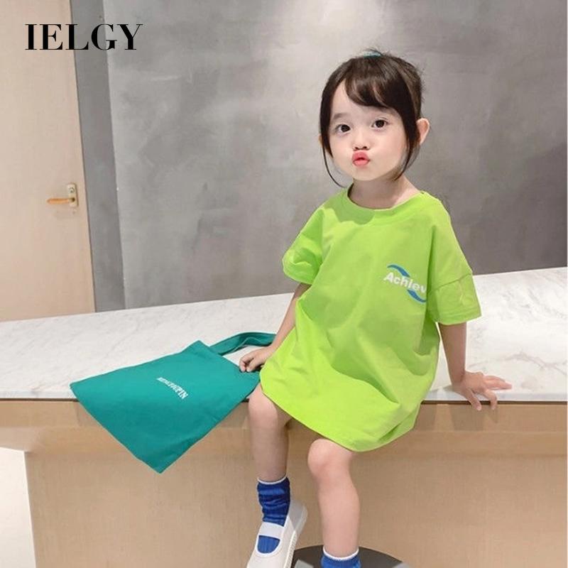 Áo đầm cotton IELGY dành cho bé gái thiết kế tay ngắn in chữ phù hợp nhiều phong cách