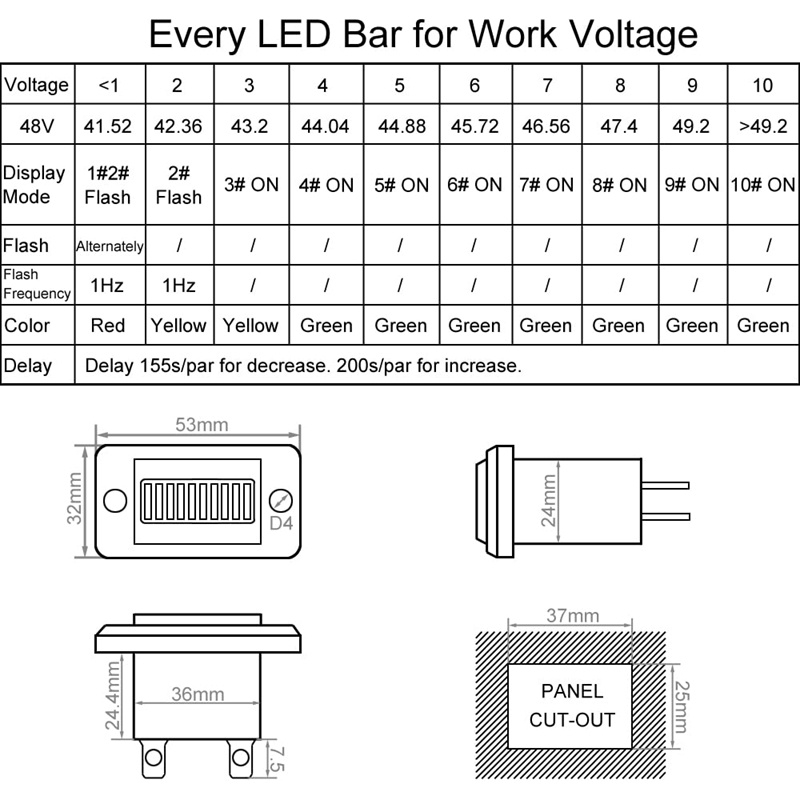 Xe gôn Đồng hồ đo pin 48V LED Chỉ báo pin Đồng hồ đo mức pin IP65 cho Club Car.Fork Lifts