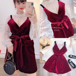 Sét áo voan lưới chấm bi tay dài phối yếm đầm 2 dây cột eo