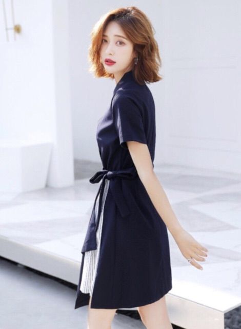 Đầm Nữ Xanh Đen Cột Eo Phối Sọc