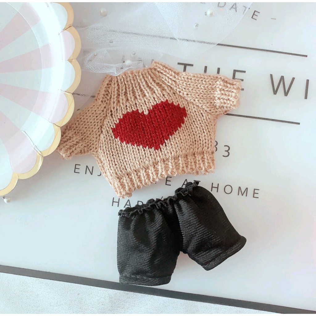 Outfit doll 20cm - Set áo len nâu quần đen