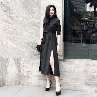 Đầm dạo phố váy đen dài nút bọc