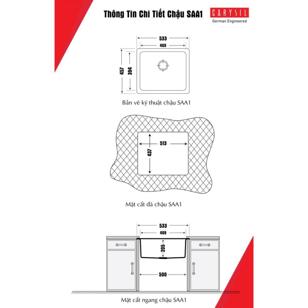 Chậu Rửa Bát Đơn CARYSIL Bằng Đá Granite - SAA1-03 Màu Đen - 560x510mm