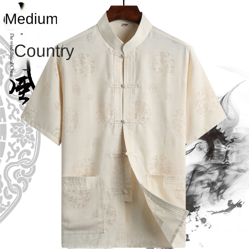 Áo sơ mi tay ngắn vải lanh cotton phong cách Trung Hoa thời trang mùa hè cho nam trung niên 50 tuổi 60 tuổi