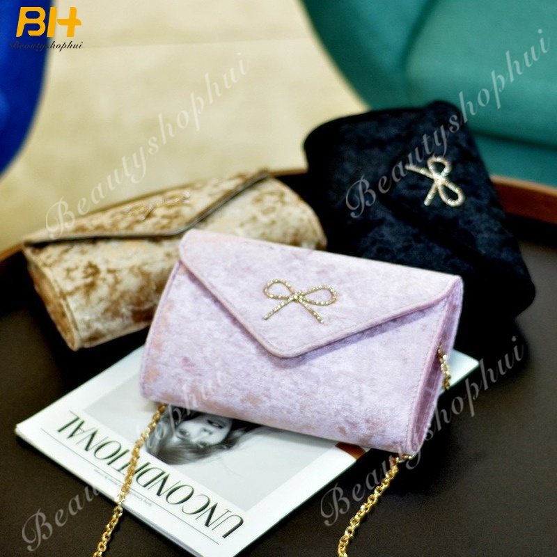 Ví Nhung Cầm Tay Đính Nơ Thời Trang Cho Nữ
