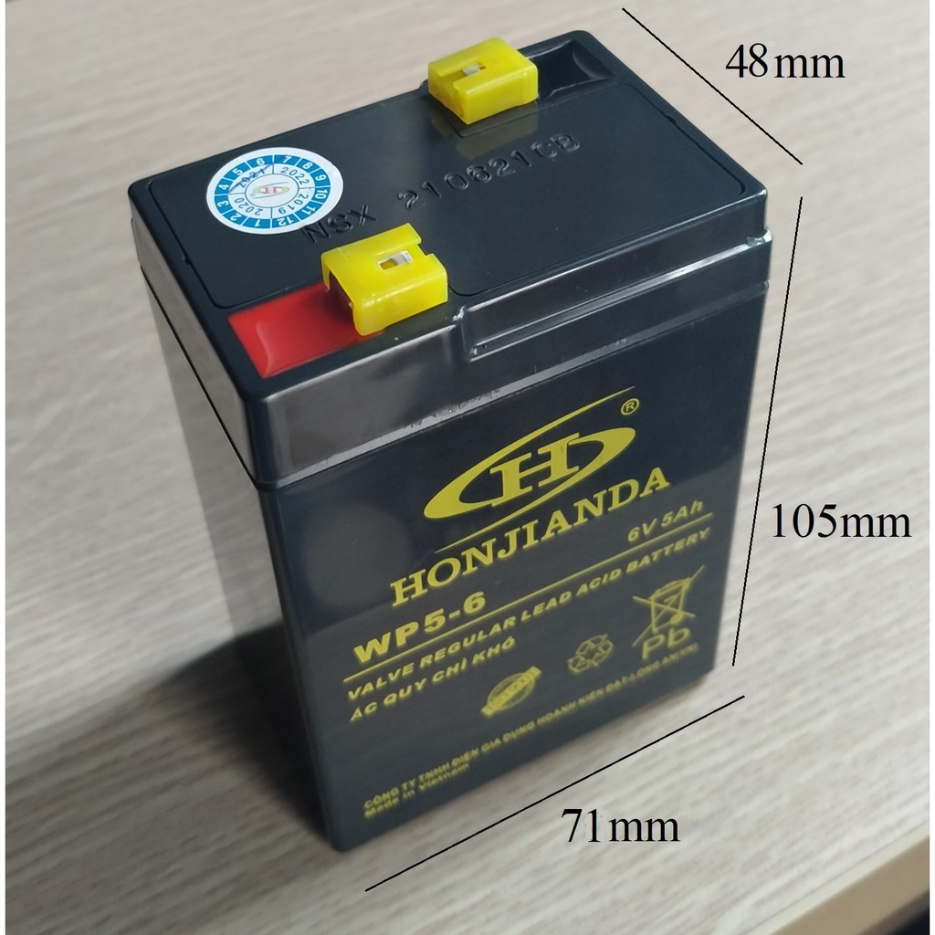 Ắc quy 6V 4.5Ah Pinaco, 6V 5Ah Honjianda dùng cho xe điện trẻ em, Quạt sạc, Đèn sạc, kích thước 71x48x100mm