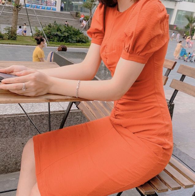 DEAL SỐC Váy đầm ôm body dáng dài size s m đẹp giá rẻ đẹp xinh hotgirl teen màu cam trắng nhún cách điệu