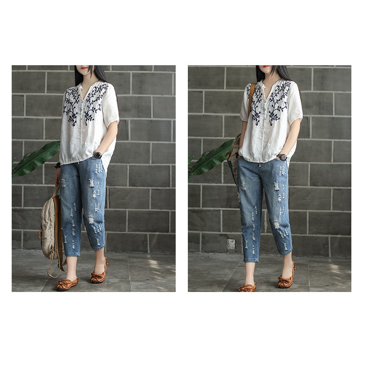 Quần Baggy jean Nữ Lưng Thun size đại lửng 7 tất - quần jean nữ ống suông