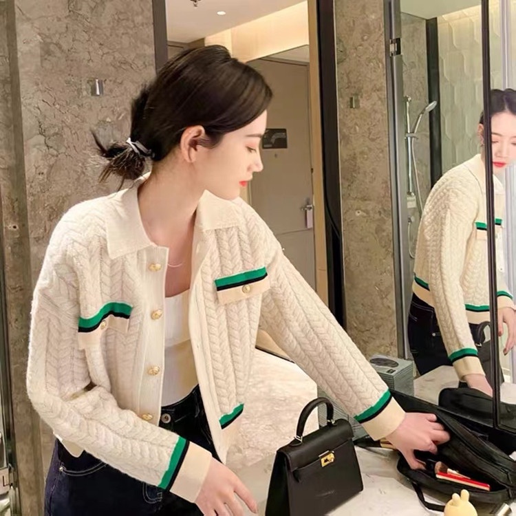 IELGY Áo cardigan Dệt Kim Màu Sắc Tương Phản Phong Cách Pháp Thời Trang Cho Nữ