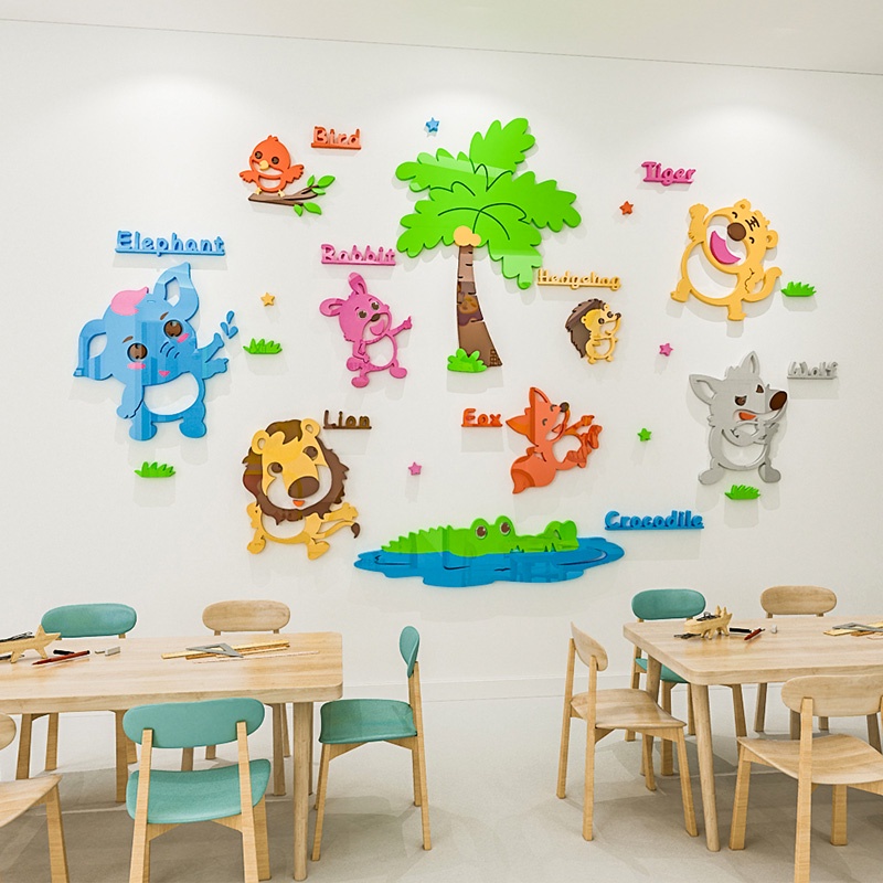Tranh dán tường mica 3d decor Học tên các con vật Trang trí nhà trẻ, phòng cho bé, Tiếng Anh Nhiều Size - EPeBen