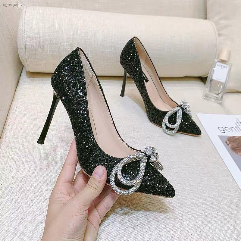 ┇✢High heels female 2021 new pointed rhinestone butterfly wedding shoes stiletto crystal single sequined bridesmaid