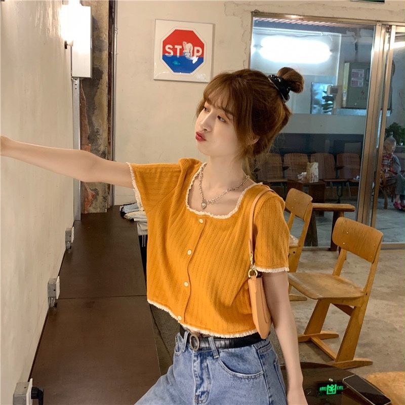 Áo Thun Dệt Kim Tay Ngắn Cổ Vuông Phối Ren Thời Trang Phong Cách Hàn Quốc Cho Nữ