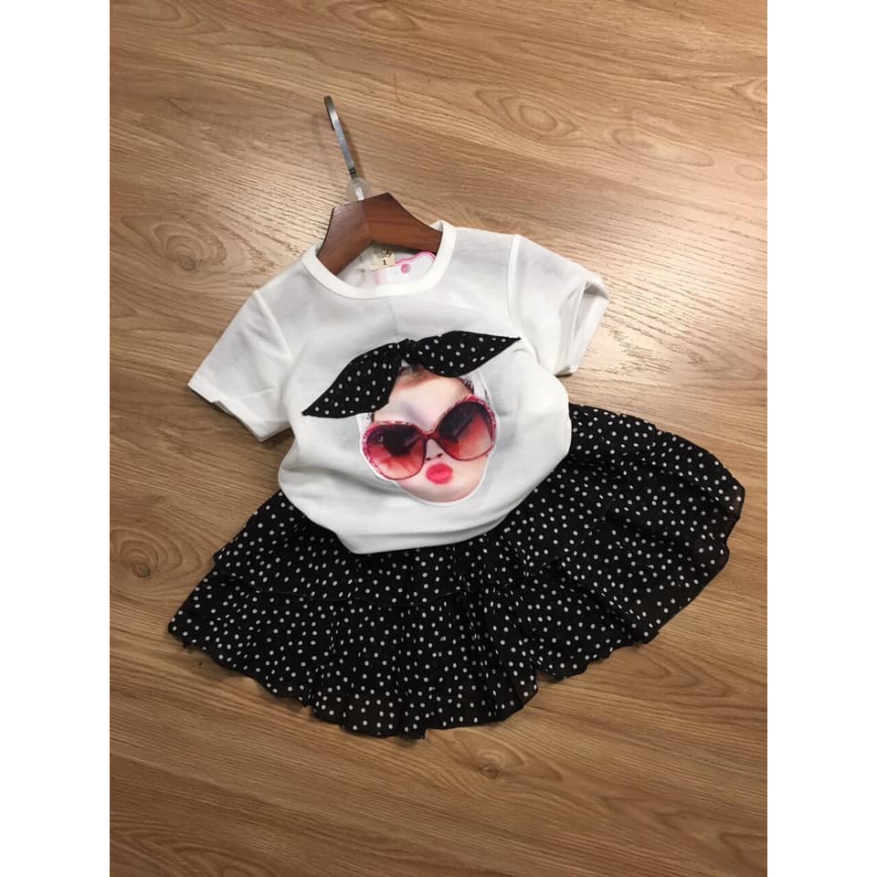 Váy đầm cotton bé gái đính nơ kèm chân váy cao cấp loai1 10-20kg(1.5-5 tuổi)
