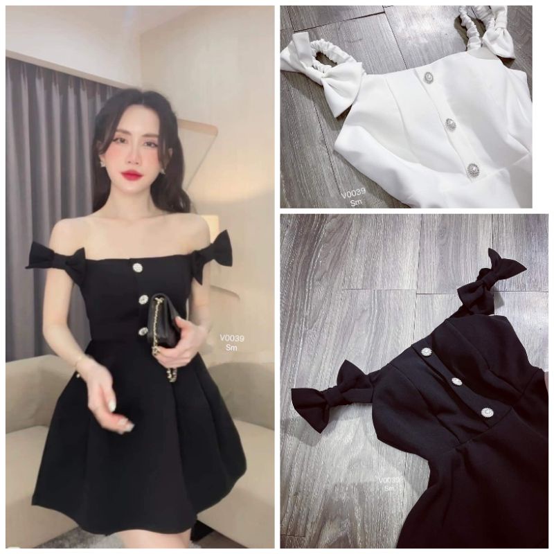 Đầm xòe trễ vai tay nhún đính nơ