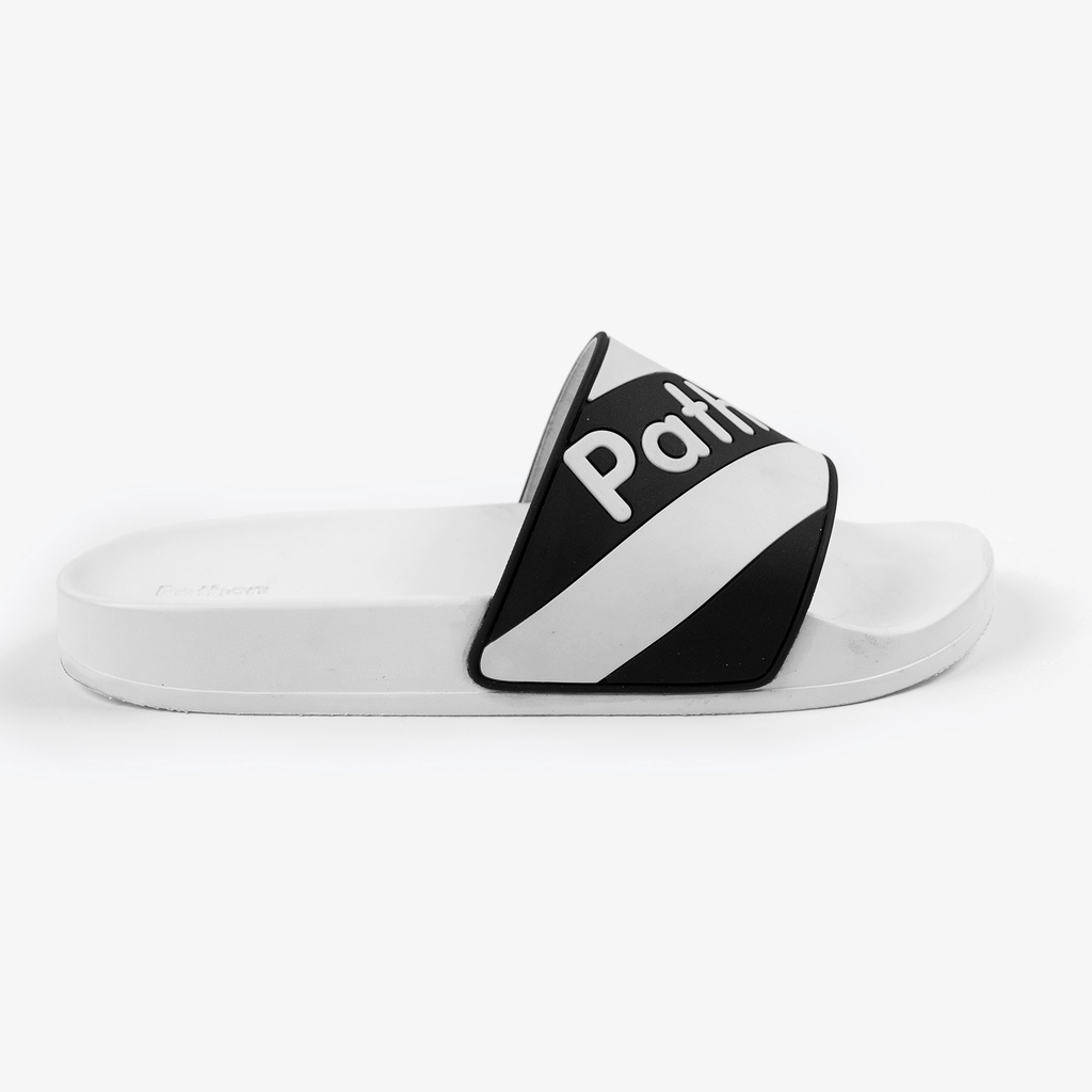 Dép nam nữ quai ngang slipper Pathon quai PVC và đế PU trắng quai sọc chéo đen trắng in chữ Pathon SD52