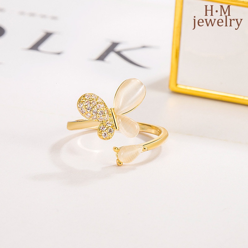 Nhẫn Dạng Hở Đính Đá Opal Hình Hoa Bướm Đơn Giản Thời Trang