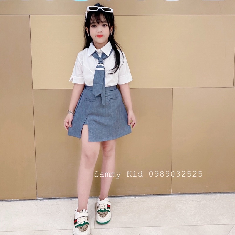 Set áo Sơ mi Thome Kèm Calavat quần váy xẻ cho bé gái size đại 16-40kg sang chảnh nữ tính