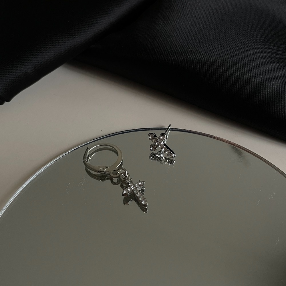 Hoa Tai Mạ Bạc 925 Hình Chữ Thập Đính Đá Phong Cách Retro Hàn Quốc