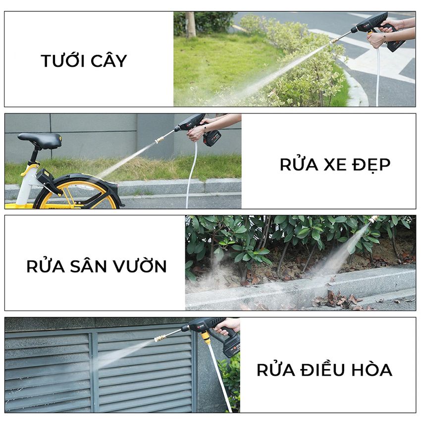 Máy rửa xe cao áp cầm tay dùng pin 10 Cell áp lực cao dùng cho ô tô xe máy xa đạp tưới cây rửa điều hòa Hitachi 199v
