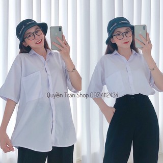 Áo Sơ Mi Trắng Xanh Tay Lỡ Basic Có Túi Học Sinh Sinh Viên Cao Cấp