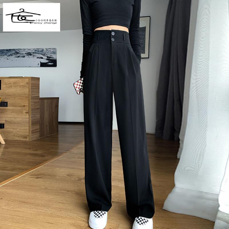 Quần Dài Ống Rộng Lưng Cao Màu Đen Phong Cách Hàn Quốc Thời Trang Xuân Thu Cho Nữ