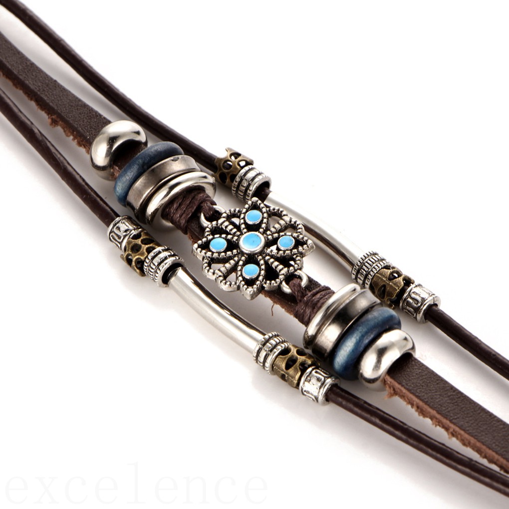 Vòng tay dây da nhiều lớp phối mặt hoa phong cách bohemian
