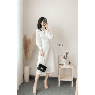 Đầm dự tiệc cổ V bèo nút bọc Lavi Dress