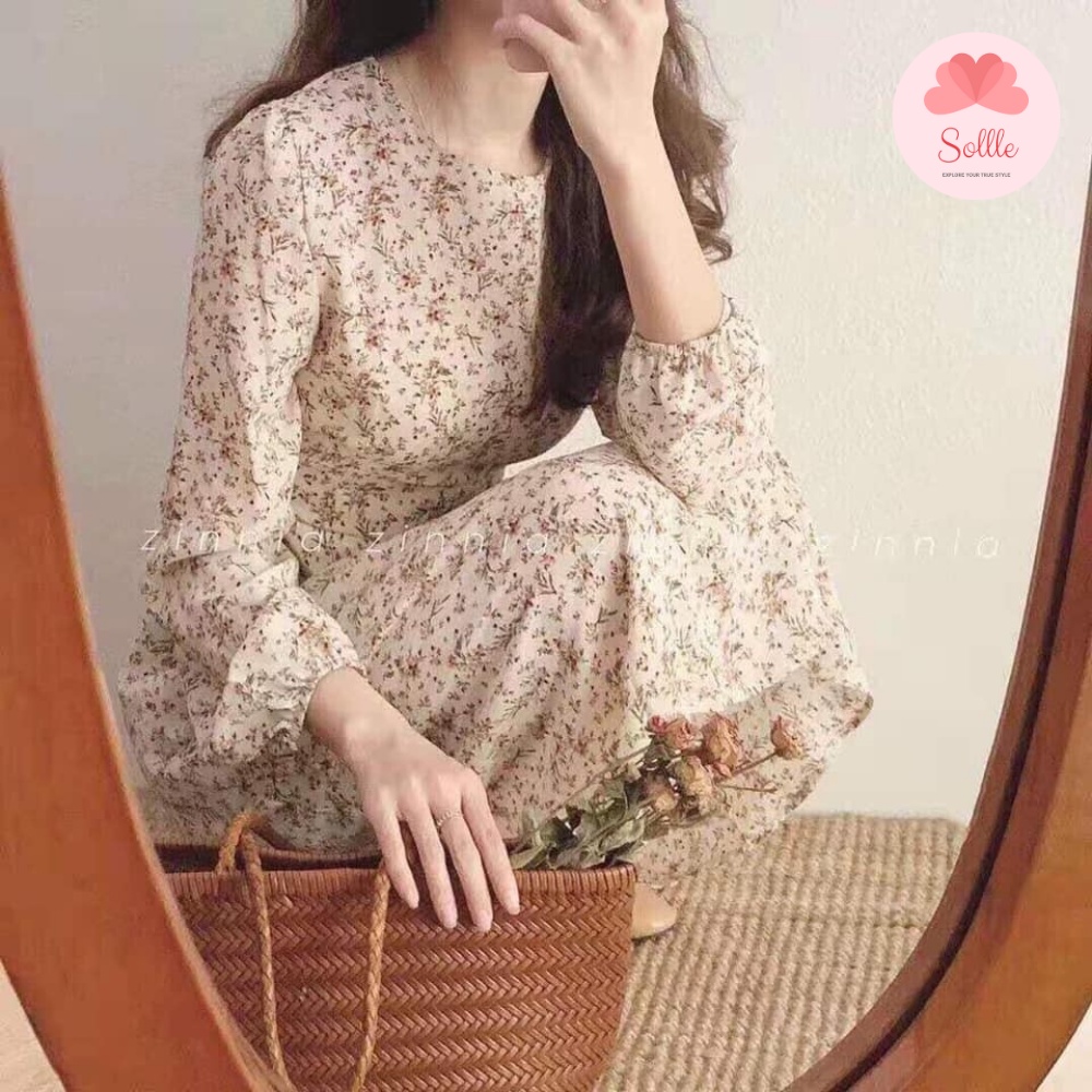 Váy trắng hoa nhí cỏ dài tay thanh lịch đầm babydoll dáng dài vintage nữ tính Hàn Quốc Sollle