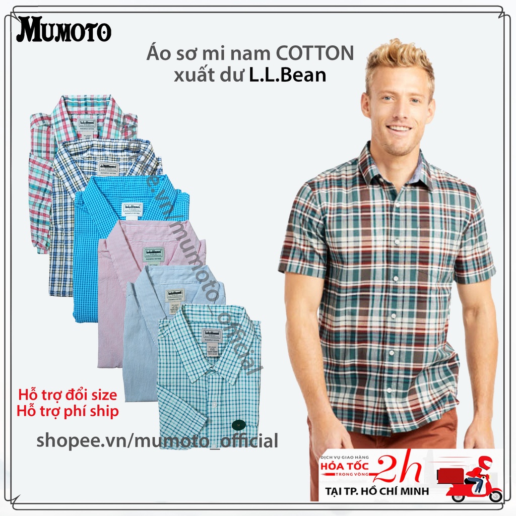 Áo sơ mi nam ngắn tay sọc caro xuất dư 100% Cotton L.L.Bean màu trẻ trung