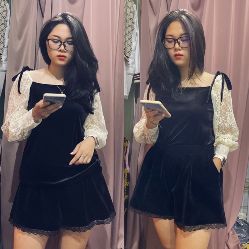 Áo Nhung phối tay ren bồng tiểu thư Bigsize