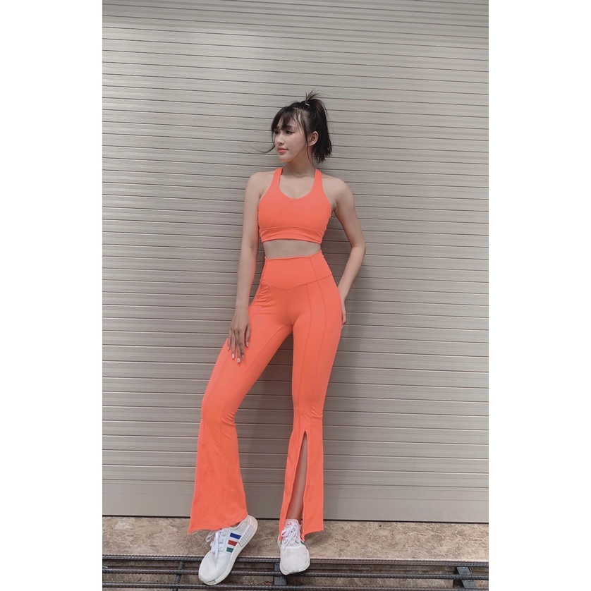 Đồ tập gym yoga nữ, set bộ thể thao áo bra kèm mút quần dài ống loe Bin Sport BD145