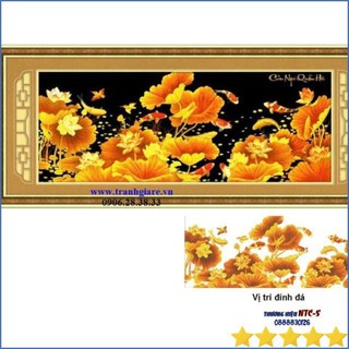 Tranh đính đá cửu ngư quần hội cá chép sen vàng 149x63Cm