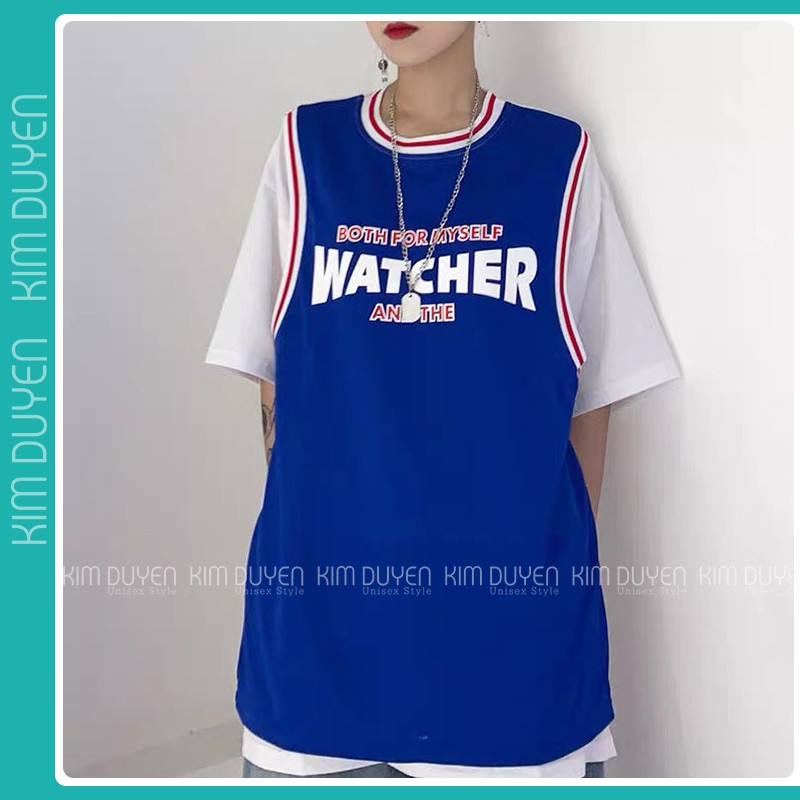 Áo Thun Phối Tay WATCHER (XANH) - Áo thun tay lỡ form rộng Unisex 38-65kg Nam Nữ  [VIDEO+ẢNH THẬT]