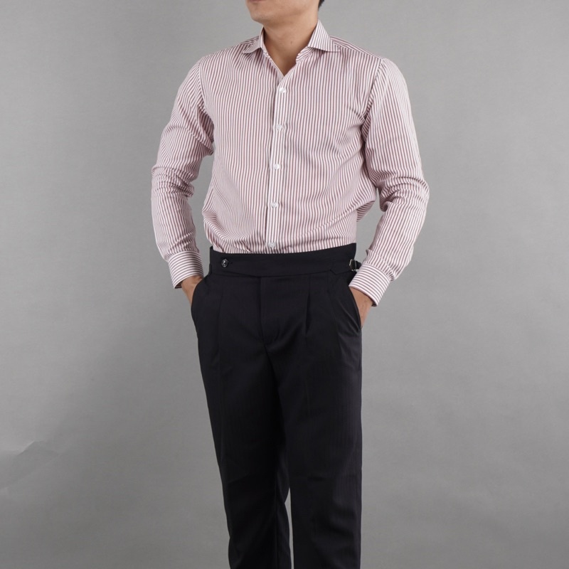 Cutaway | Sơ mi nam cổ cutaway kẻ sọc đỏ dài tay Asemando không nhăn Sơ mi cổ điển chuẩn Sartorial