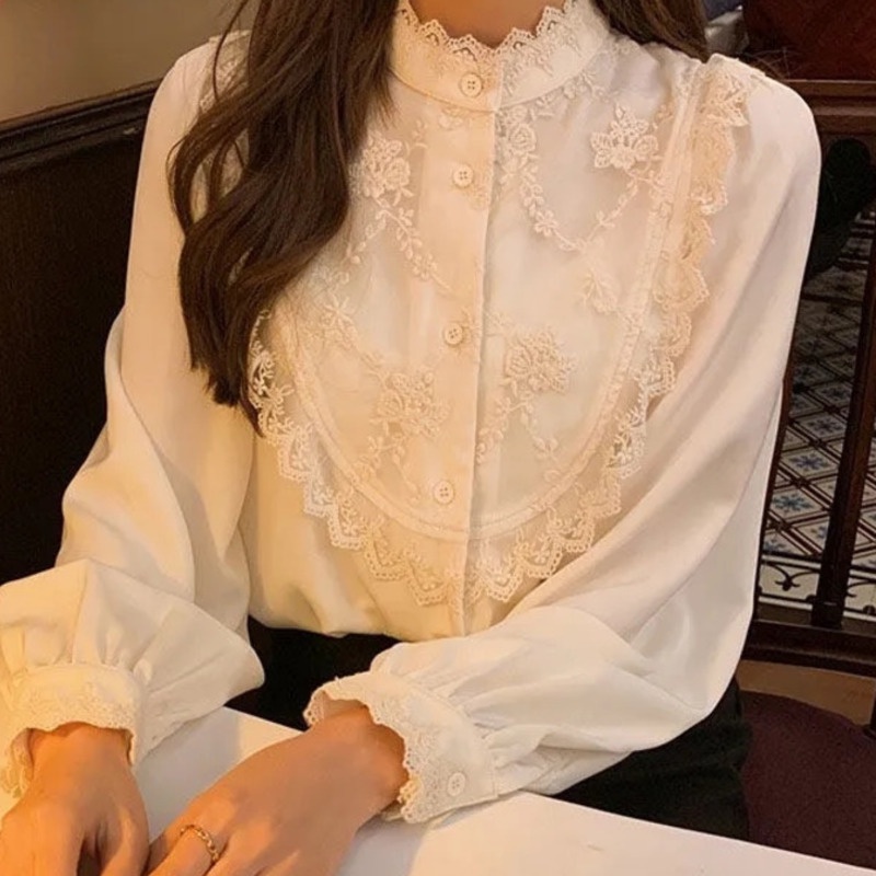 Áo Dài Tay Phối Ren Thời Trang Hàn Quốc 169820 Áo Sơ Mi Form Rộng Theo Phong Cách Retro Dễ Phối Đồ