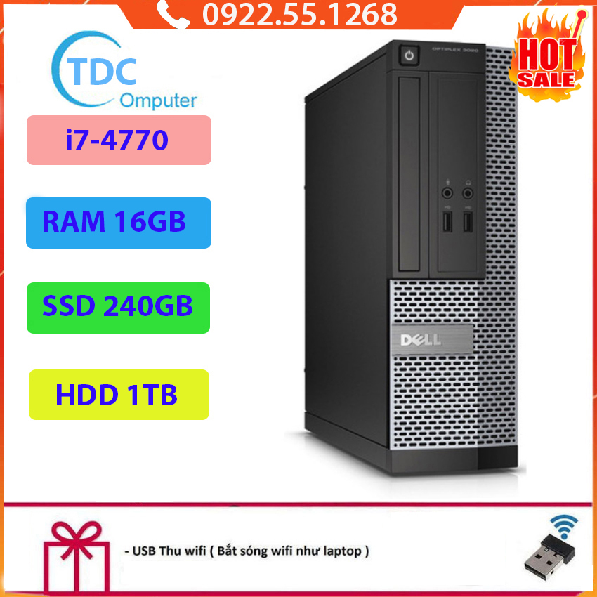 Case máy tính đồng bộ DELL Optiplex 3020 Intel Core i7-4770, ram 16GB, Ổ cứng SSD 240GB + HDD 1TB .Tặng USB Thu Wifi
