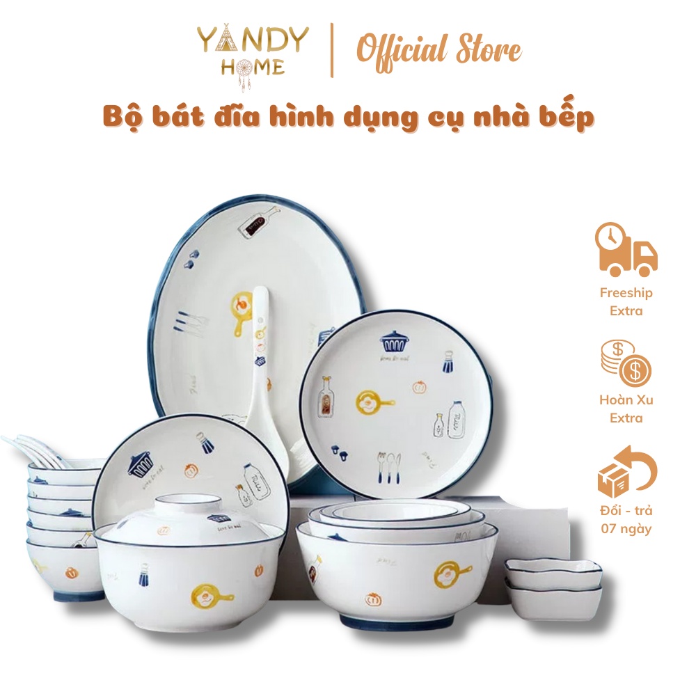 Bát đĩa gốm sứ YANDY HOME BB13 màu trắng họa tiết dụng cụ bếp men bóng đẹp dễ thương 15 chi tiết