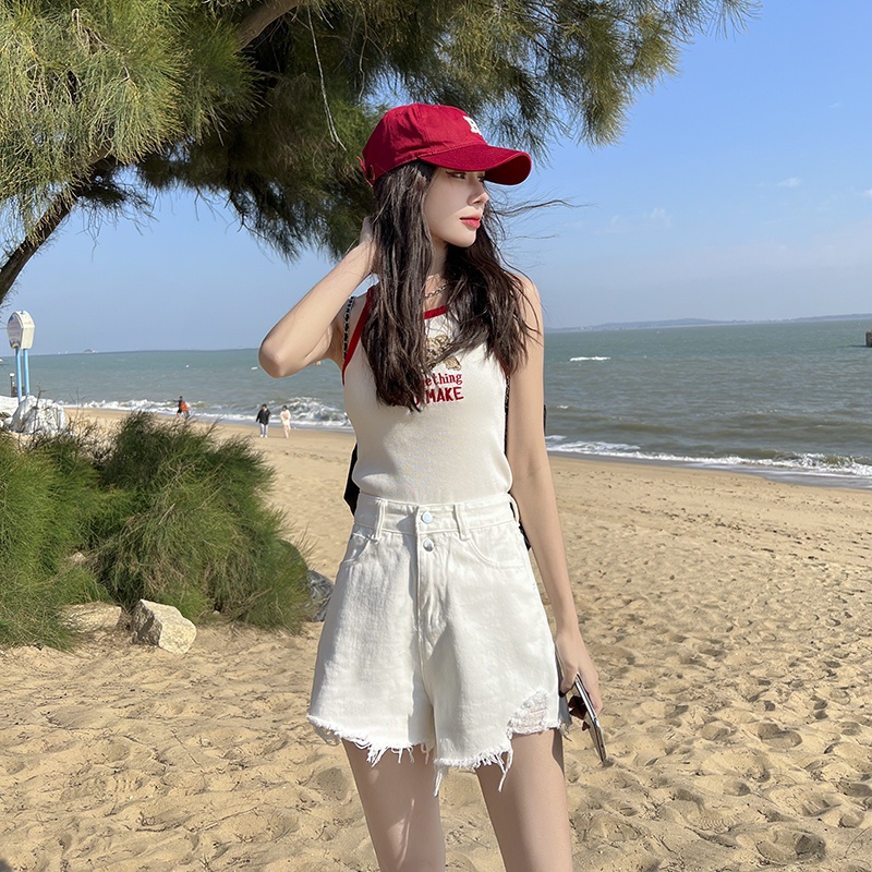 Quần short lưng cao ống rộng màu trơn phối rách thời trang Hàn Quốc cho nữ