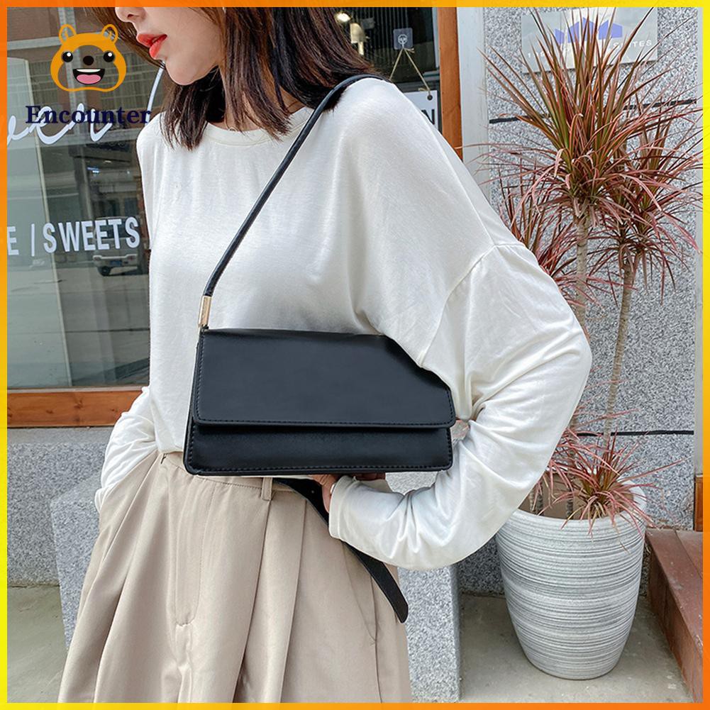 Simple Solid Color Women Handbag Tote PU Leather Female Flap Shoulder Bag ○encounter○