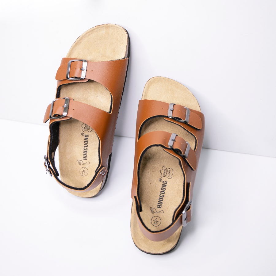 Giày Sandal unisex 2 Khóa HUUCUONG Quai Pu Màu Nâu Đế Trấu Handmade