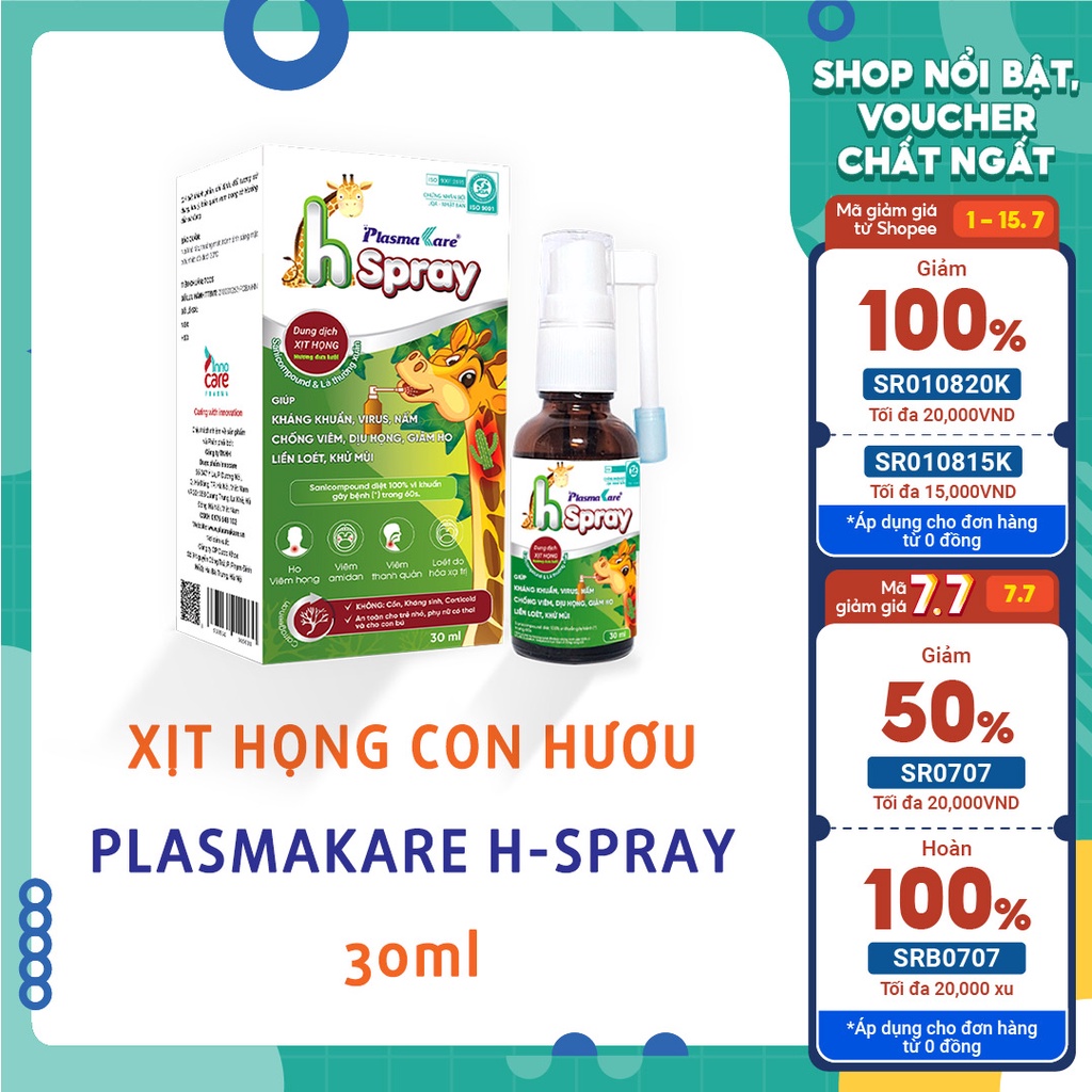 Dung dịch Xịt họng PlasmaKare H -Spray 30ml, vị dưa lưới, an toàn cho trẻ từ 6 tháng tuổi, phụ nữ c