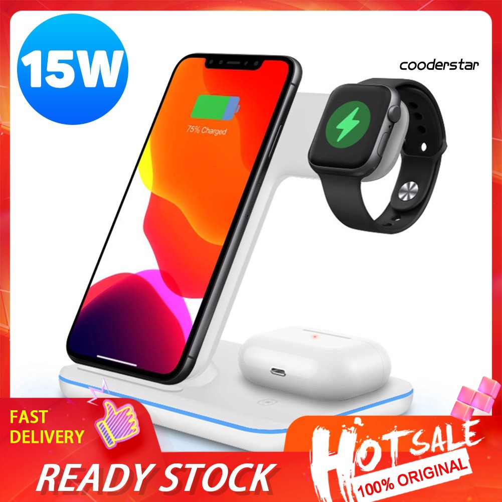 ★COOD★3-in-1 15W Qi Wireless Charger Fast Charging Stand for AirPods 2 for Apple Watch