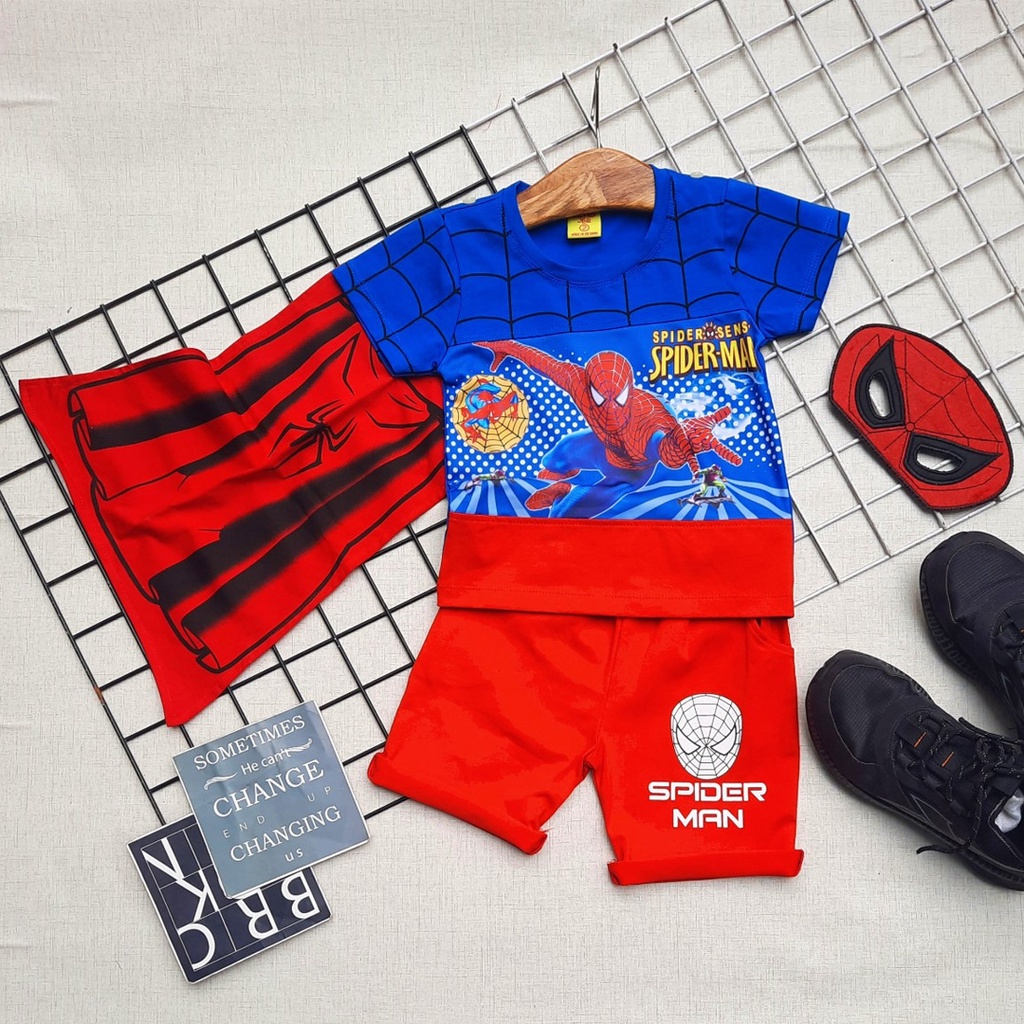 Bộ thun spiderman siêu anh hùng kèm khăn choàng và mặt nạ cho bé trai