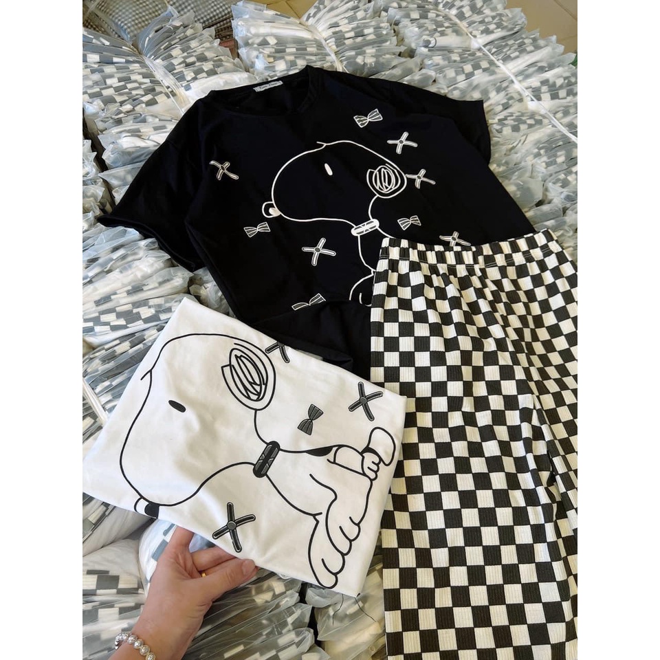 Set bộ áo thun in hình gấu chó + quần ống suông, set áo from rộng quần kẻ caro,bộ quần dài mặc đi chơi mặc nhà siêu xinh