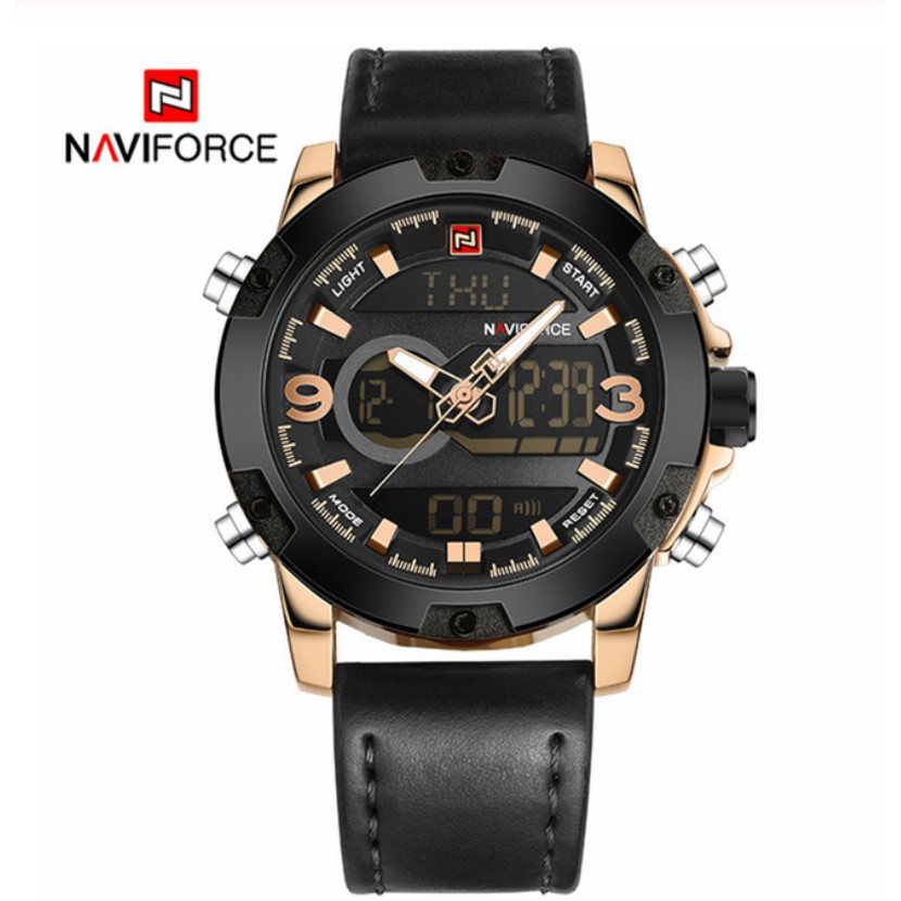 NAVIFORCE NF9097 Men Sport Fashion Leather Band Analog Digital Watch